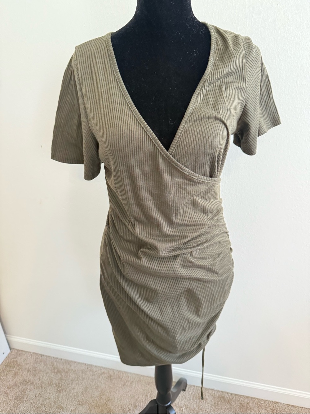 Olive Green Ruched Wrap Dress